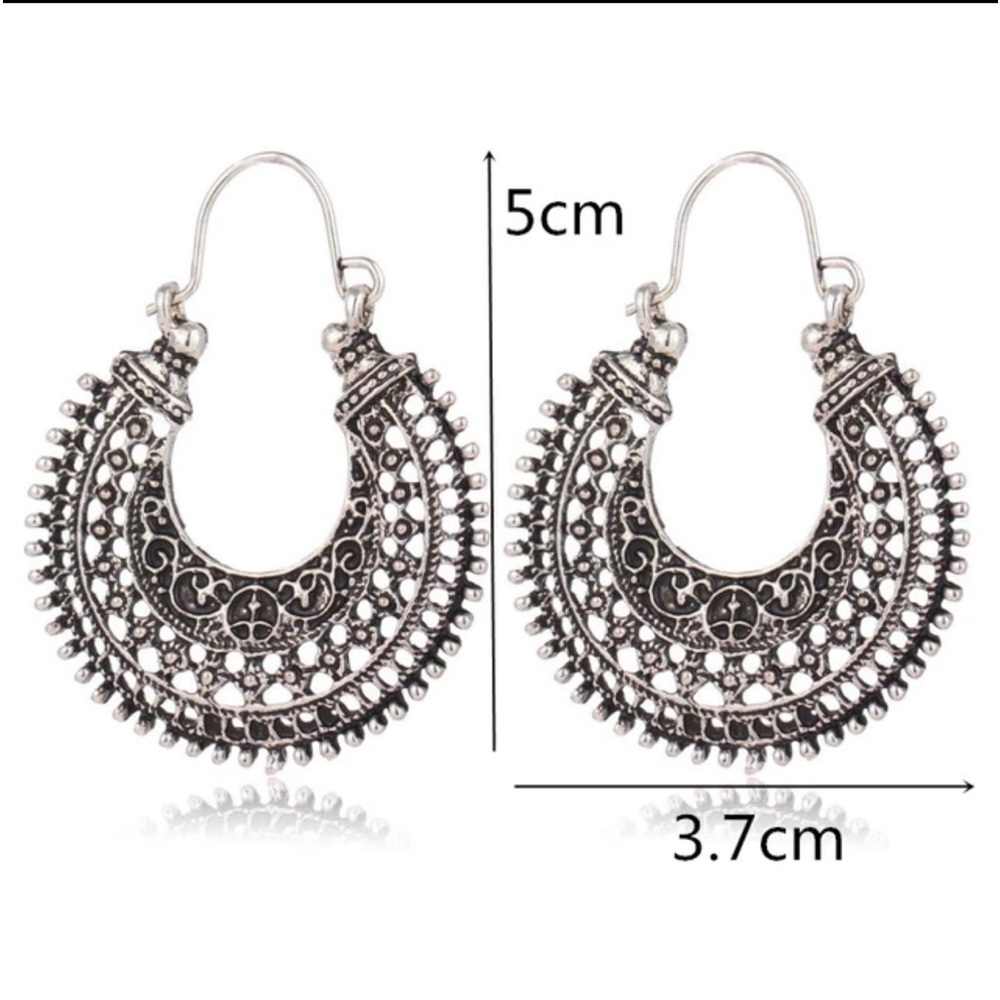 New Wildflower Wander Mandala Antique Sterling Silver Hollow Out Hoop Earrings - Picture 4 of 16